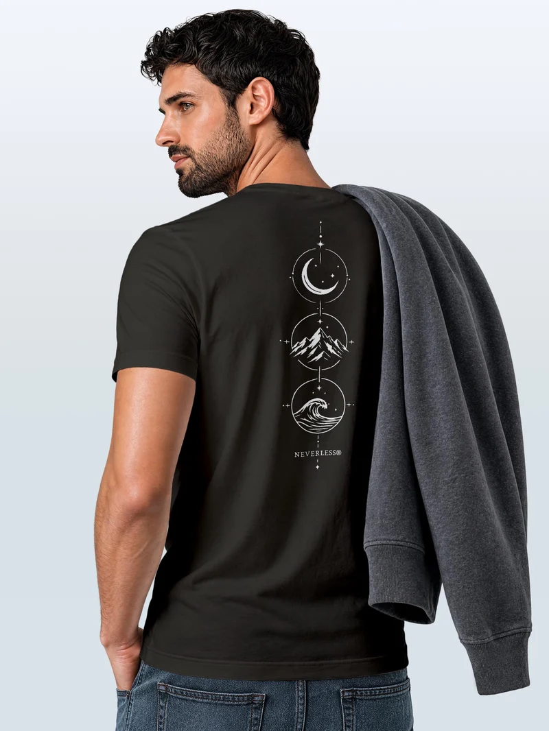 Herren T-Shirt Backprint - Berg Mond Welle - Baumwollshirt Männer Fashion Streetstyle Slim Fit