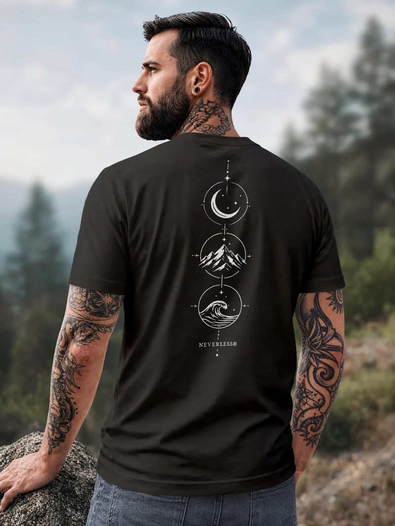 Herren T-Shirt Backprint - Berg Mond Welle - Baumwollshirt Männer Fashion Streetstyle Slim Fit