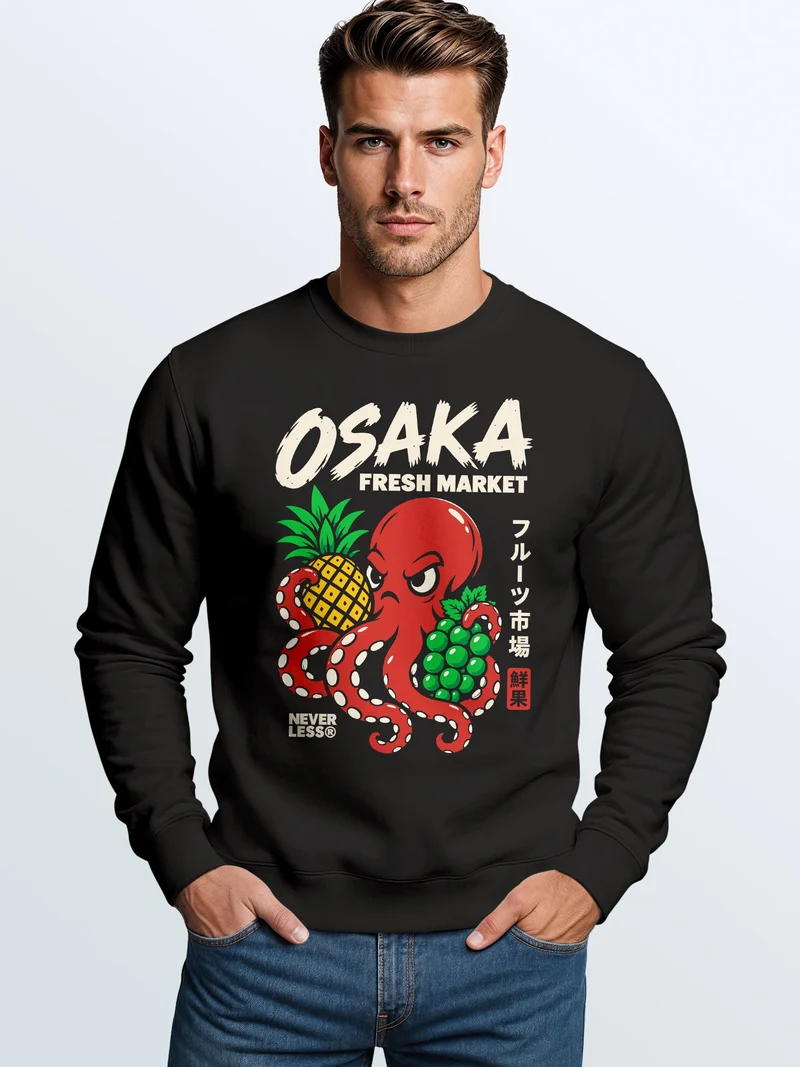 Herren Sweatshirt Osaka Fresh Market Oktopus Frontprint Regular Fit