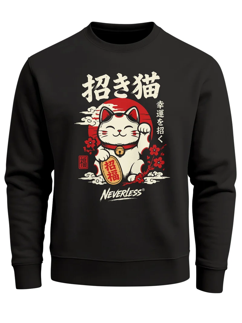 Herren Sweatshirt Maneki Neko Frontprint Regular Fit