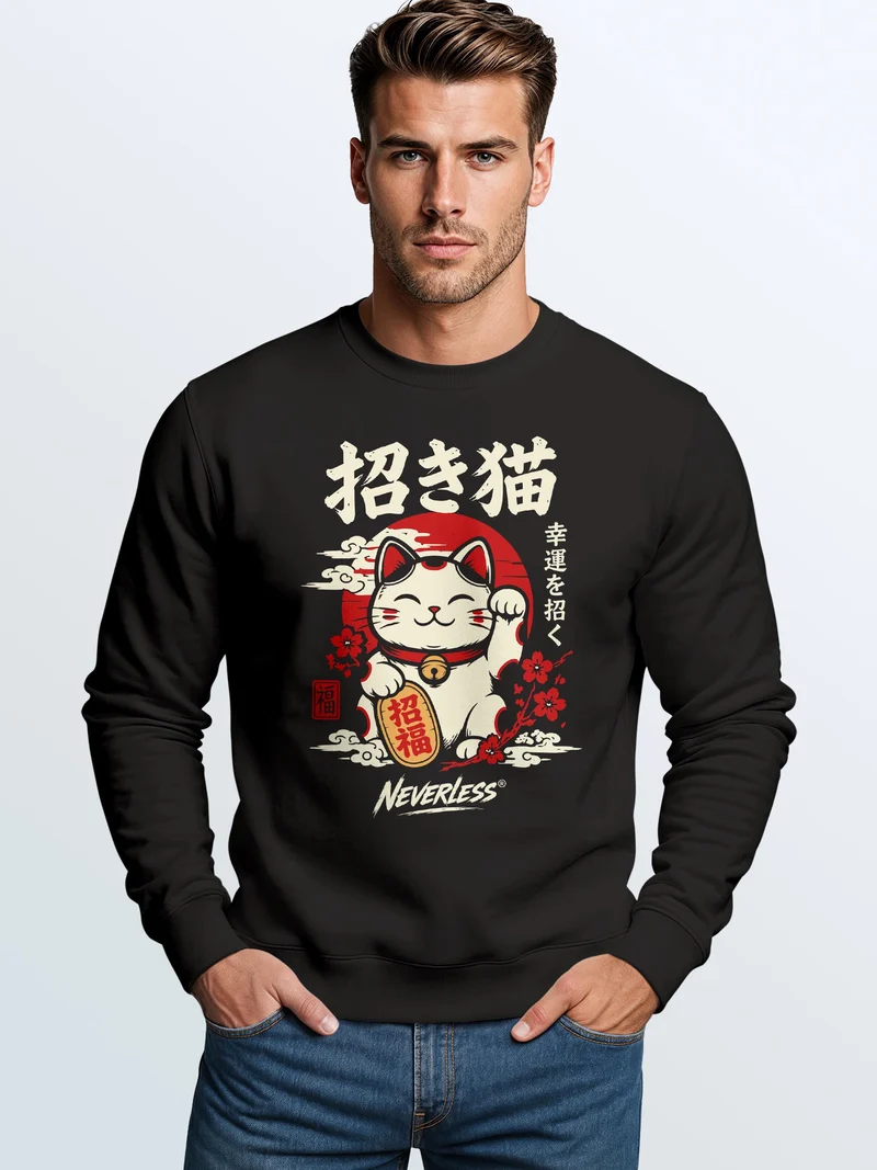 Herren Sweatshirt Maneki Neko Frontprint Regular Fit