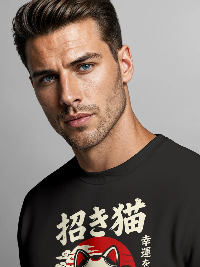 Herren Sweatshirt Maneki Neko Frontprint Regular Fit