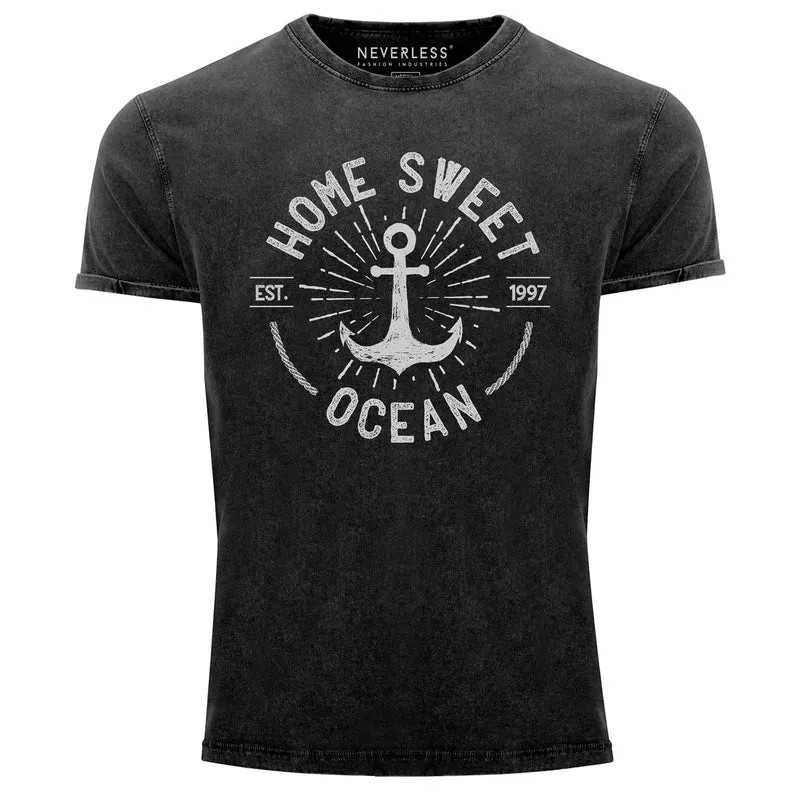 Herren T-Shirt Vintage Shirt Printshirt Anker Logo maritim Home Sweet Ocean Schriftzug Fashion Streetstyle Aufdruck Used Look Slim Fit