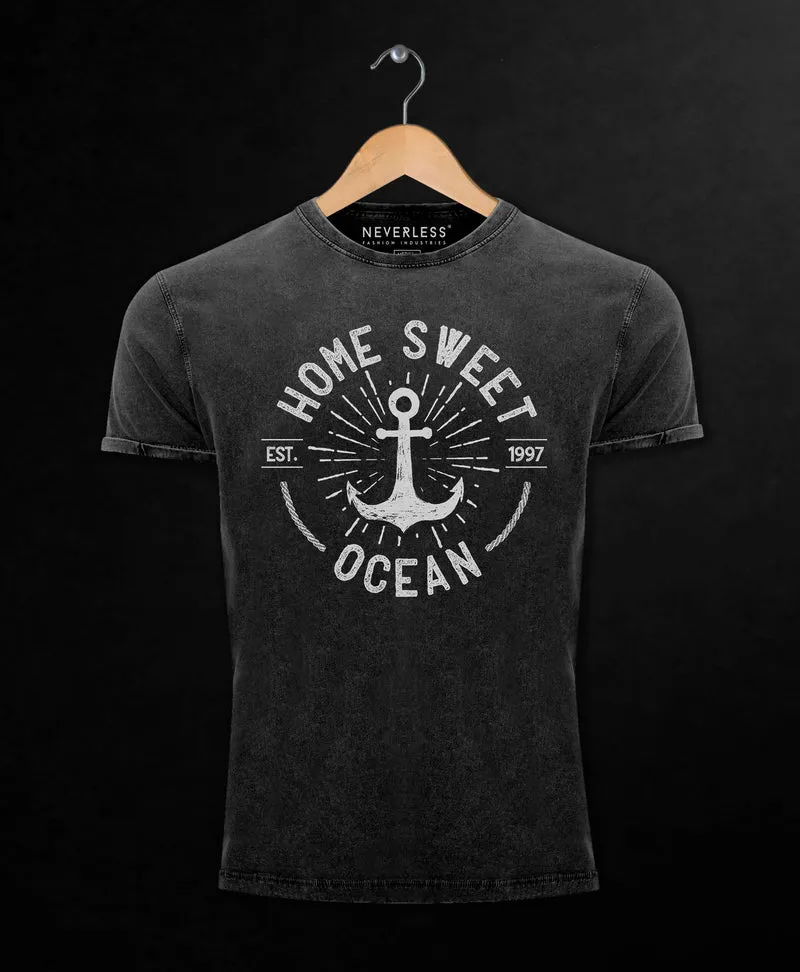 Herren T-Shirt Vintage Shirt Printshirt Anker Logo maritim Home Sweet Ocean Schriftzug Fashion Streetstyle Aufdruck Used Look Slim Fit