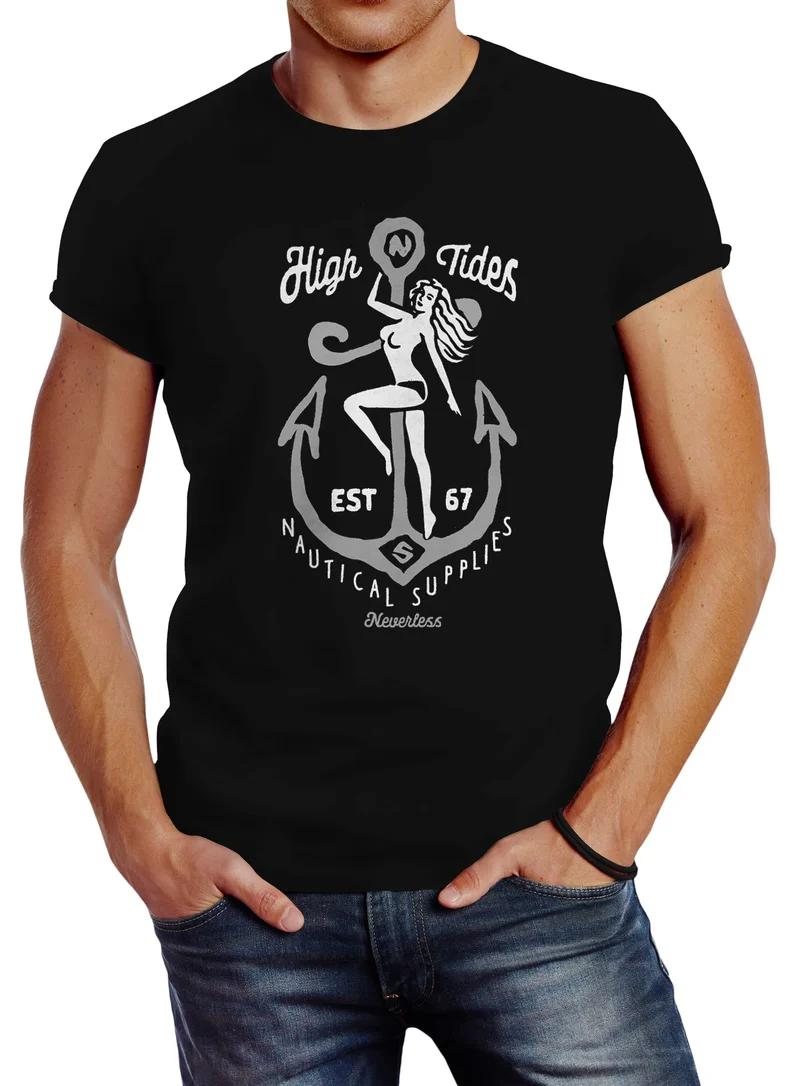 Herren T-Shirt Anker High Tides Schriftzug nackte Frau Streetstyle