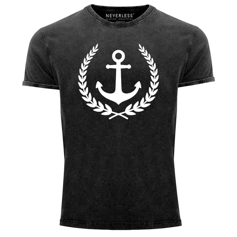 Herren Vintage Shirt Anker Lorbeerkranz Motiv Printshirt T-Shirt Aufdruck Used Look Slim Fit