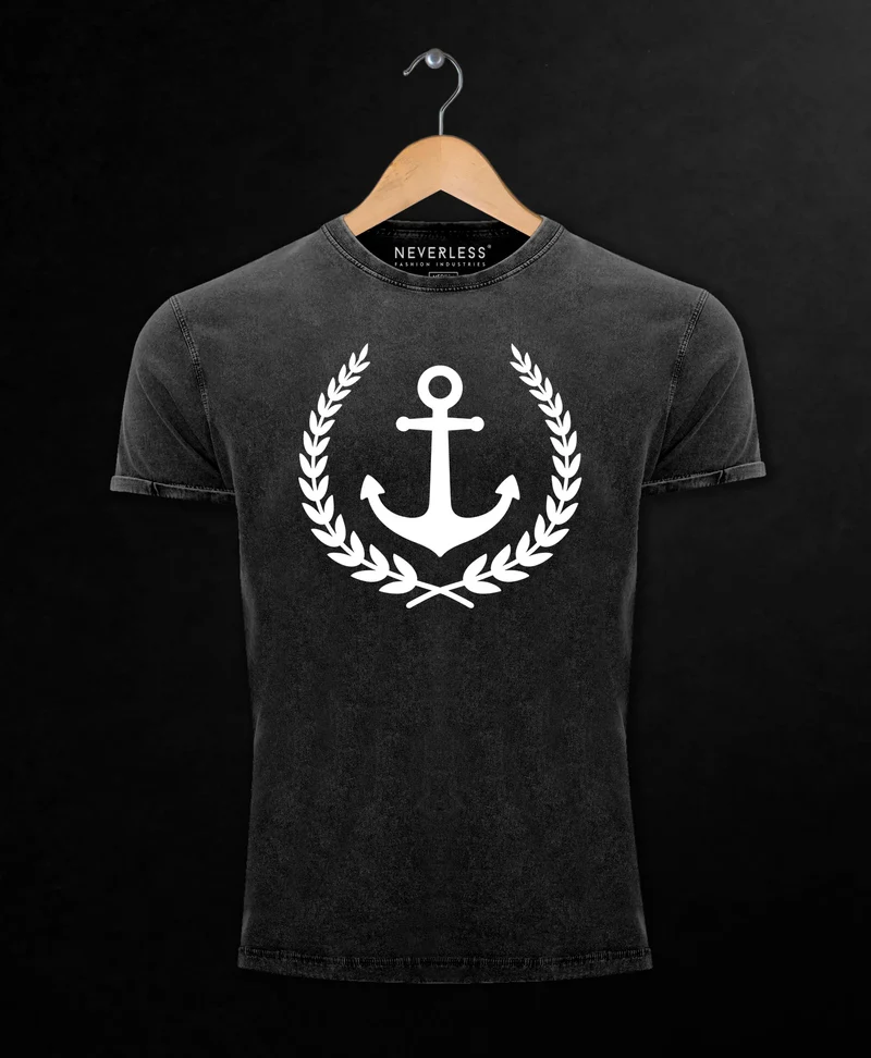 Herren Vintage Shirt Anker Lorbeerkranz Motiv Printshirt T-Shirt Aufdruck Used Look Slim Fit
