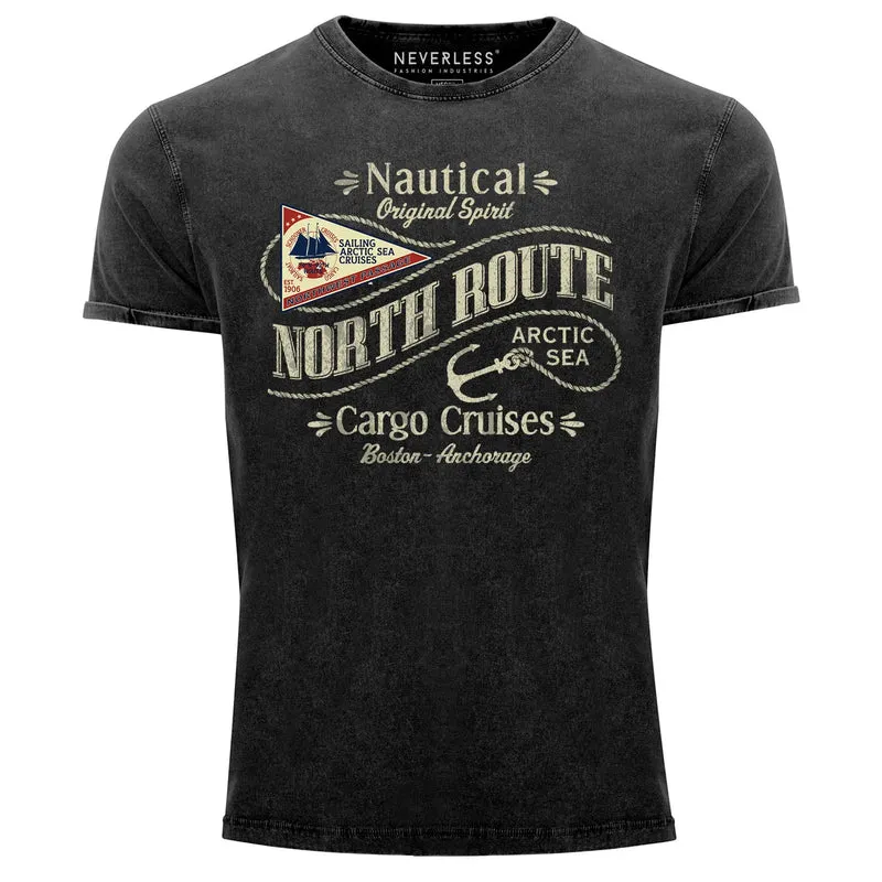 Herren Vintage Shirt North Route Nautik Anker Adventure Printshirt T-Shirt Aufdruck Used Look Slim Fit