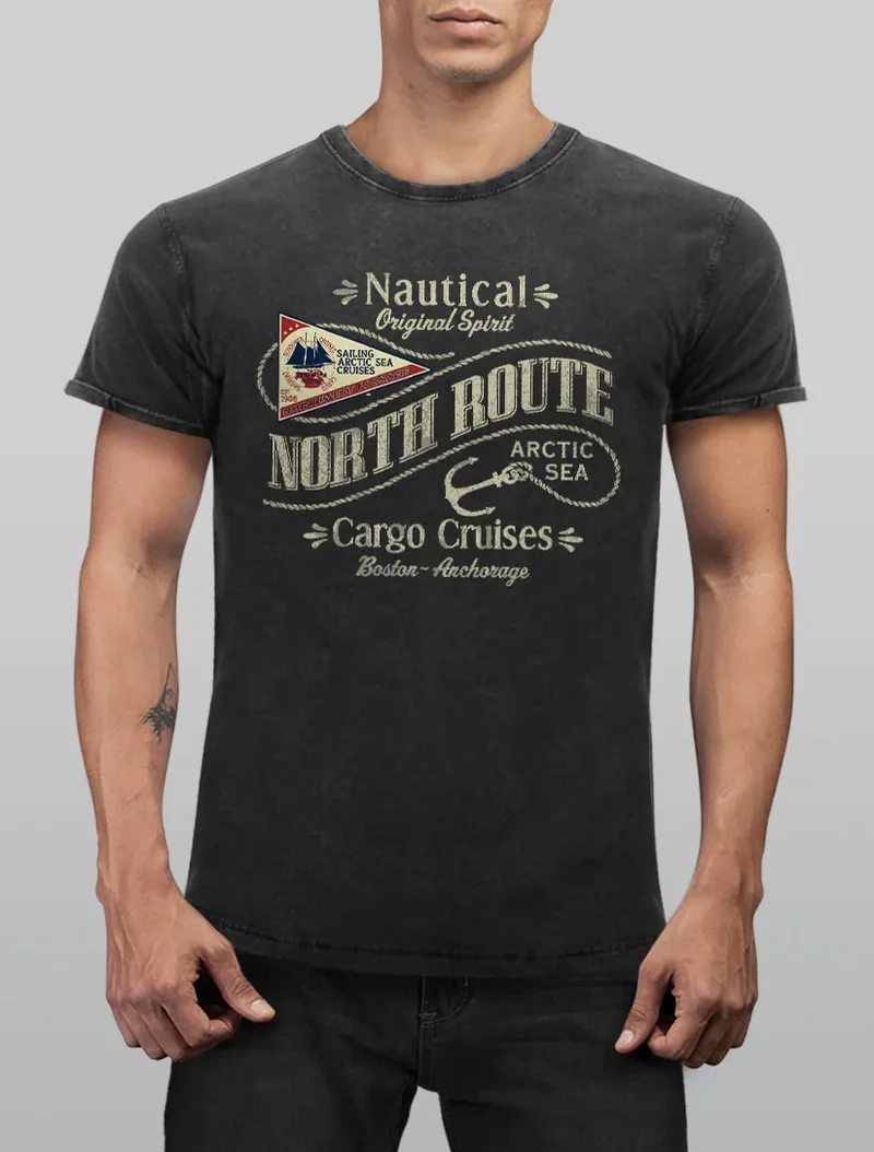 Herren Vintage Shirt North Route Nautik Anker Adventure Printshirt T-Shirt Aufdruck Used Look Slim Fit