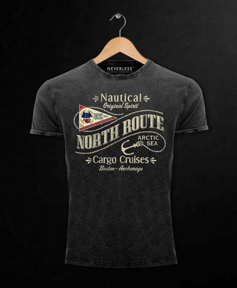 Herren Vintage Shirt North Route Nautik Anker Adventure Printshirt T-Shirt Aufdruck Used Look Slim Fit