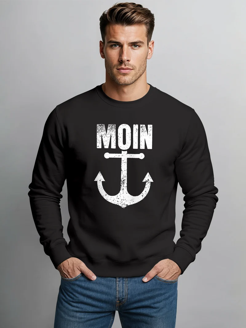Sweatshirt Herren Moin Anker Retro Print Aufdruck Maritim Nordisch Rundhals-Pullover Fashion Streetwear