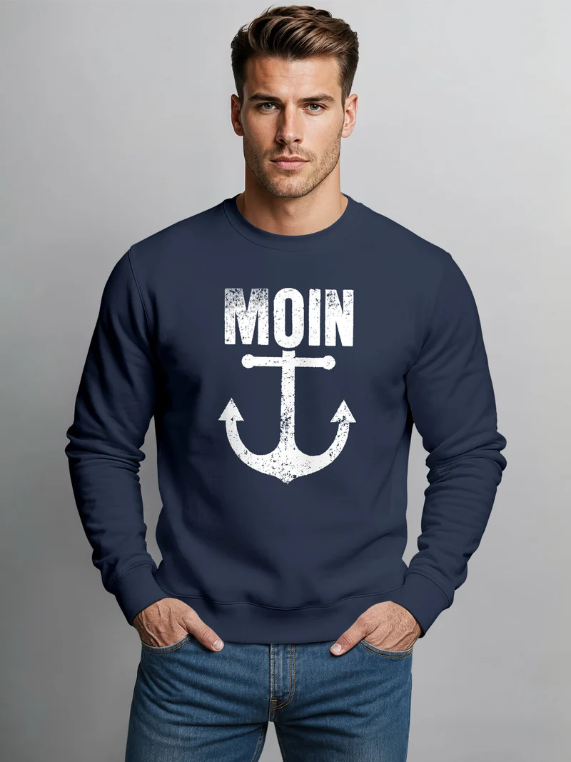 Sweatshirt Herren Moin Anker Retro Print Aufdruck Maritim Nordisch Rundhals-Pullover Fashion Streetwear