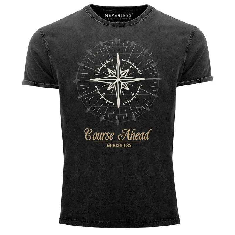 Cooles angesagtes Herren T-Shirt Vintage Shirt Kompass Windrose Aufdruck Used Look Slim Fit