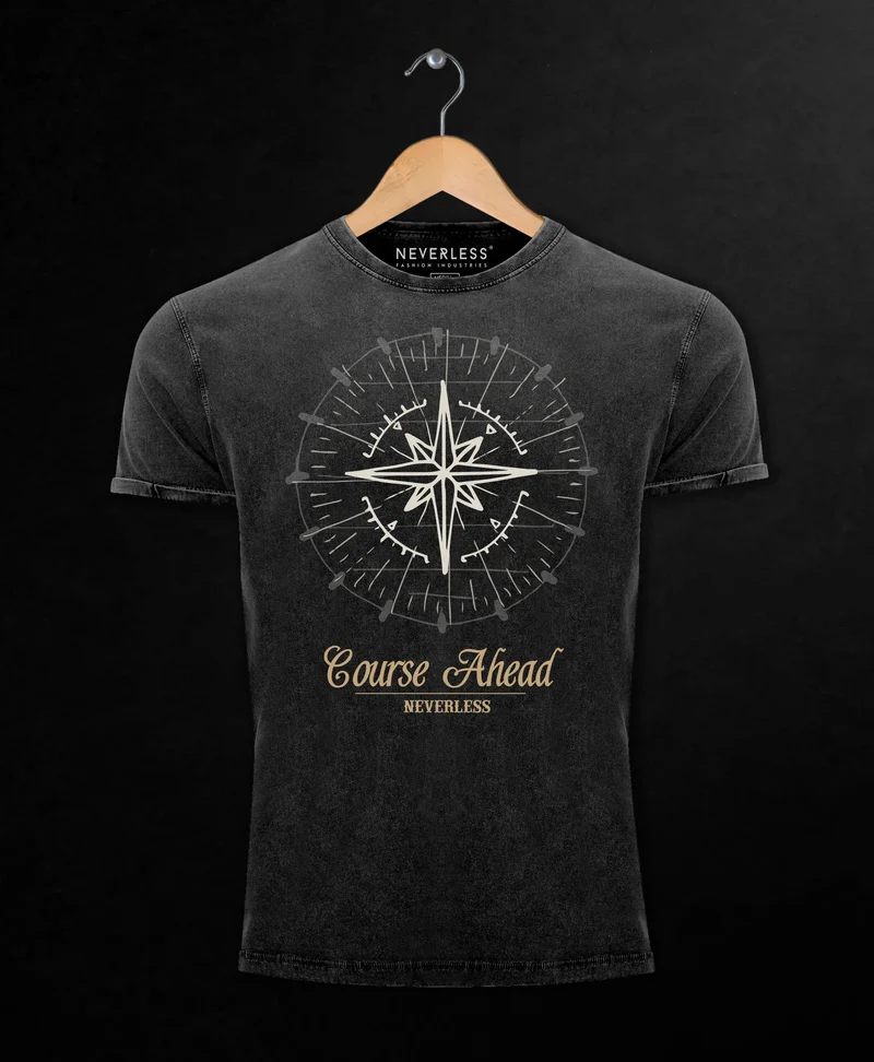 Cooles angesagtes Herren T-Shirt Vintage Shirt Kompass Windrose Aufdruck Used Look Slim Fit