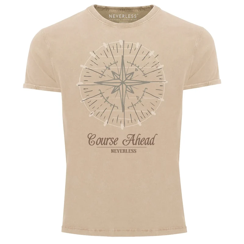 Cooles angesagtes Herren T-Shirt Vintage Shirt Kompass Windrose Aufdruck Used Look Slim Fit