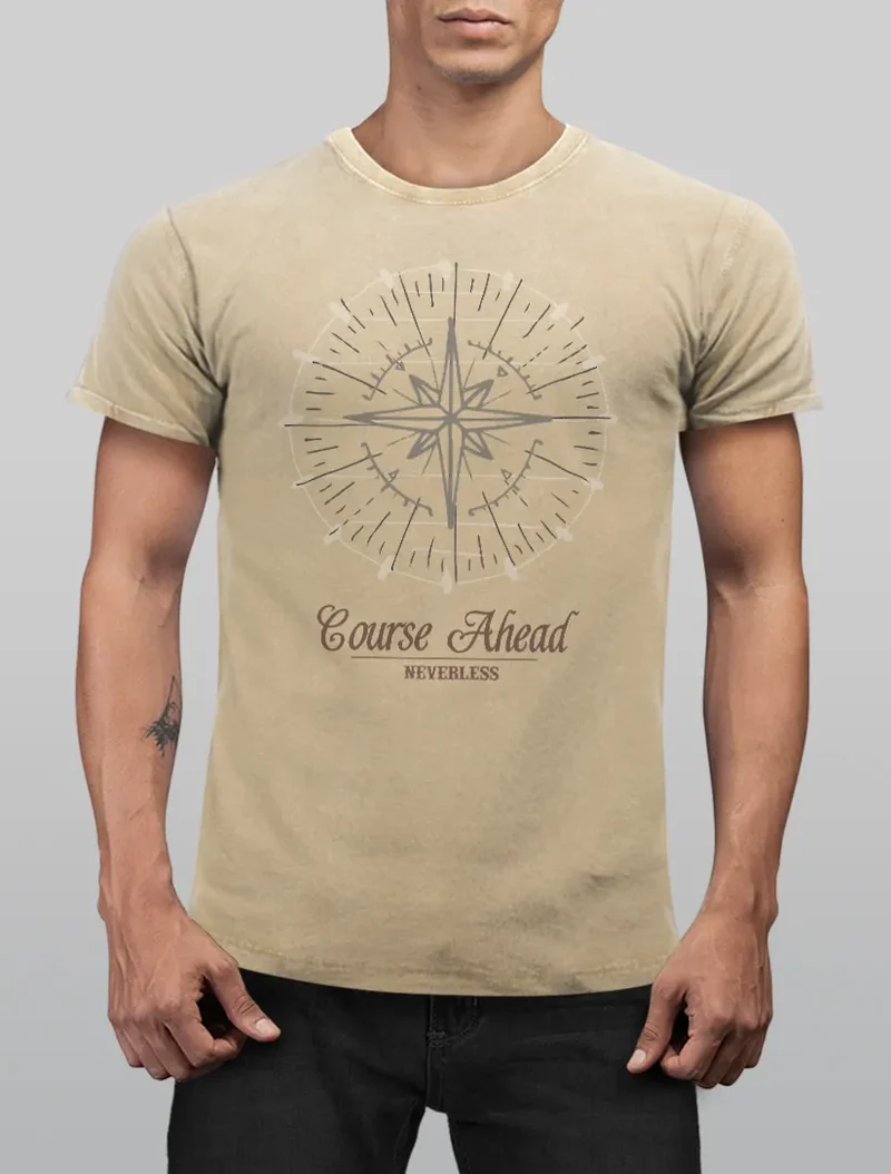 Cooles angesagtes Herren T-Shirt Vintage Shirt Kompass Windrose Aufdruck Used Look Slim Fit