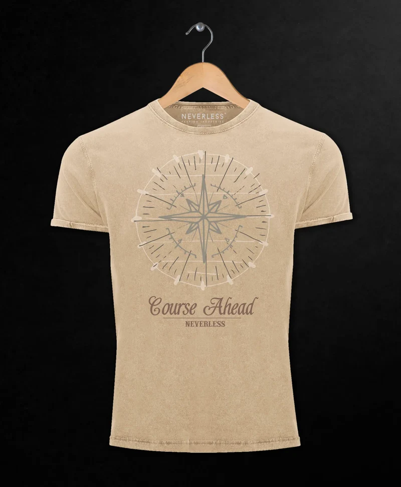 Cooles angesagtes Herren T-Shirt Vintage Shirt Kompass Windrose Aufdruck Used Look Slim Fit