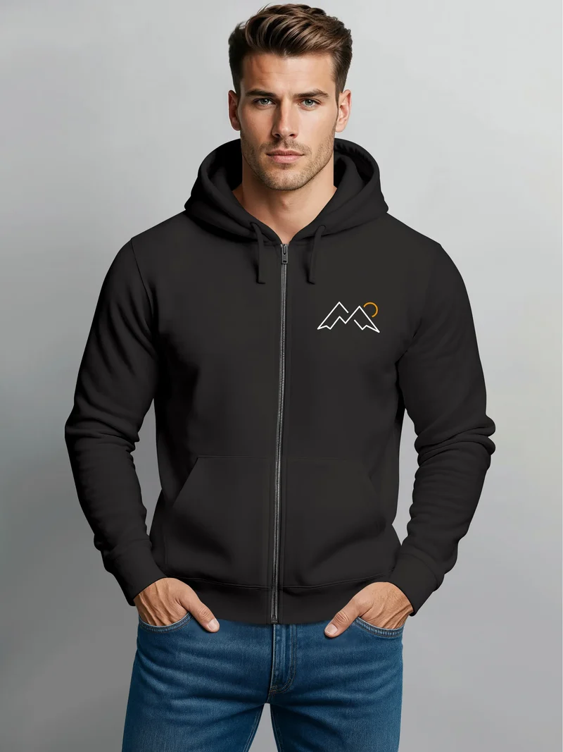 Herren Sweatjacke mit Kapuze Logoprint Mountain Life Pullover Zipjacke Zip-Hoodie Männer Outdoor Streetwear Herren