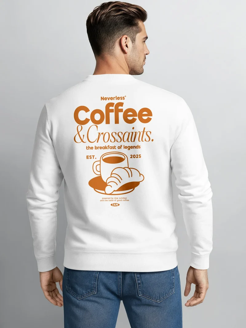 Sweatshirt Herren Pullover mit Backprint Kaffee & Croissant Design Fashion Streetwear Retro Print