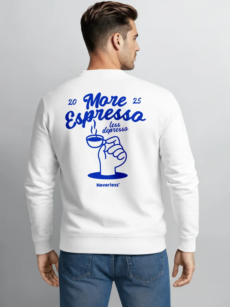 Sweatshirt Herren Pullover mit Backprint More Espresso Less Depresso Kaffeeliebhaber Pullover Fashion Streetwear