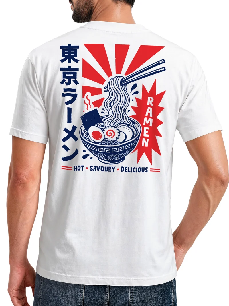 Herren T-Shirt Rückendruck - Design Asia Ramen - Baumwollshirt Männer Fashion Streetstyle Slim Fit