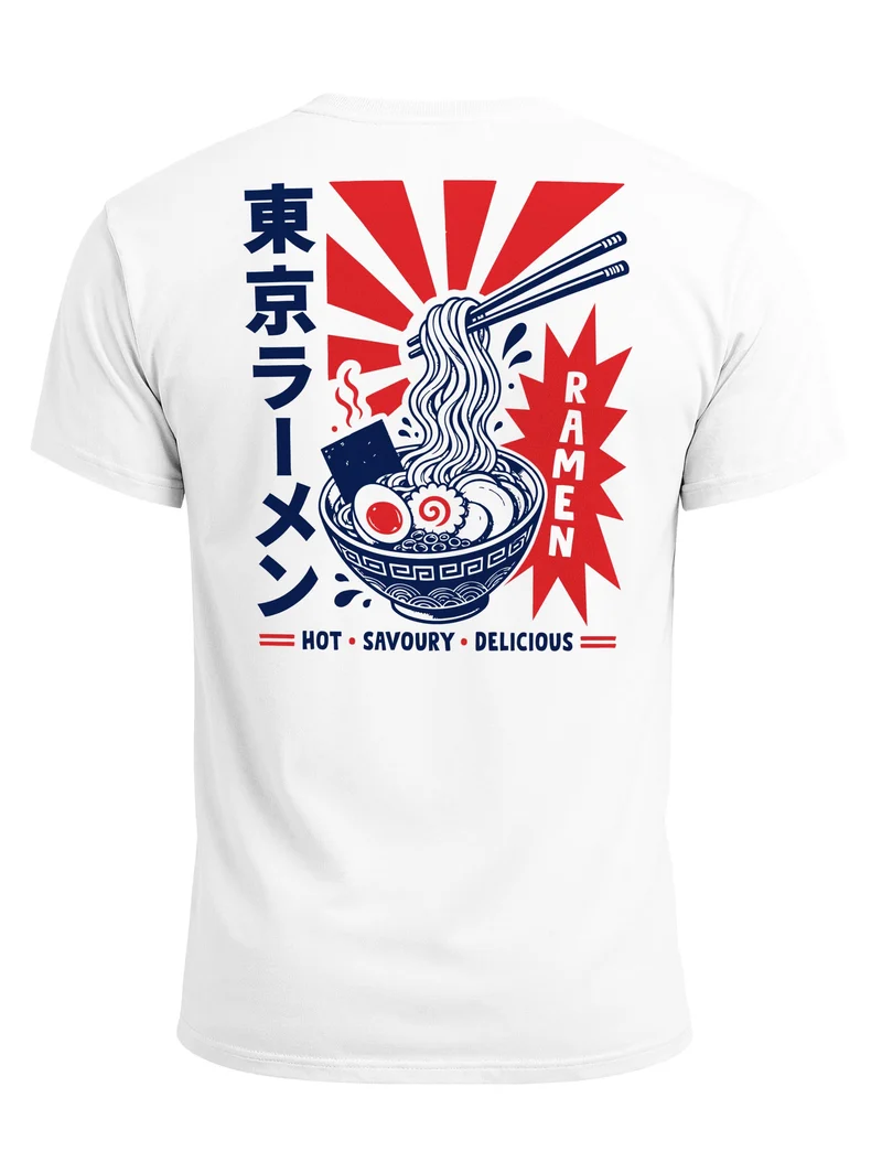 Herren T-Shirt Rückendruck - Design Asia Ramen - Baumwollshirt Männer Fashion Streetstyle Slim Fit