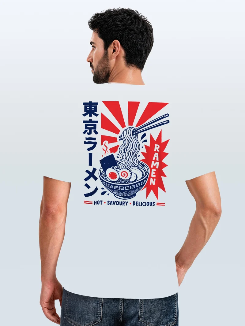 Herren T-Shirt Rückendruck - Design Asia Ramen - Baumwollshirt Männer Fashion Streetstyle Slim Fit