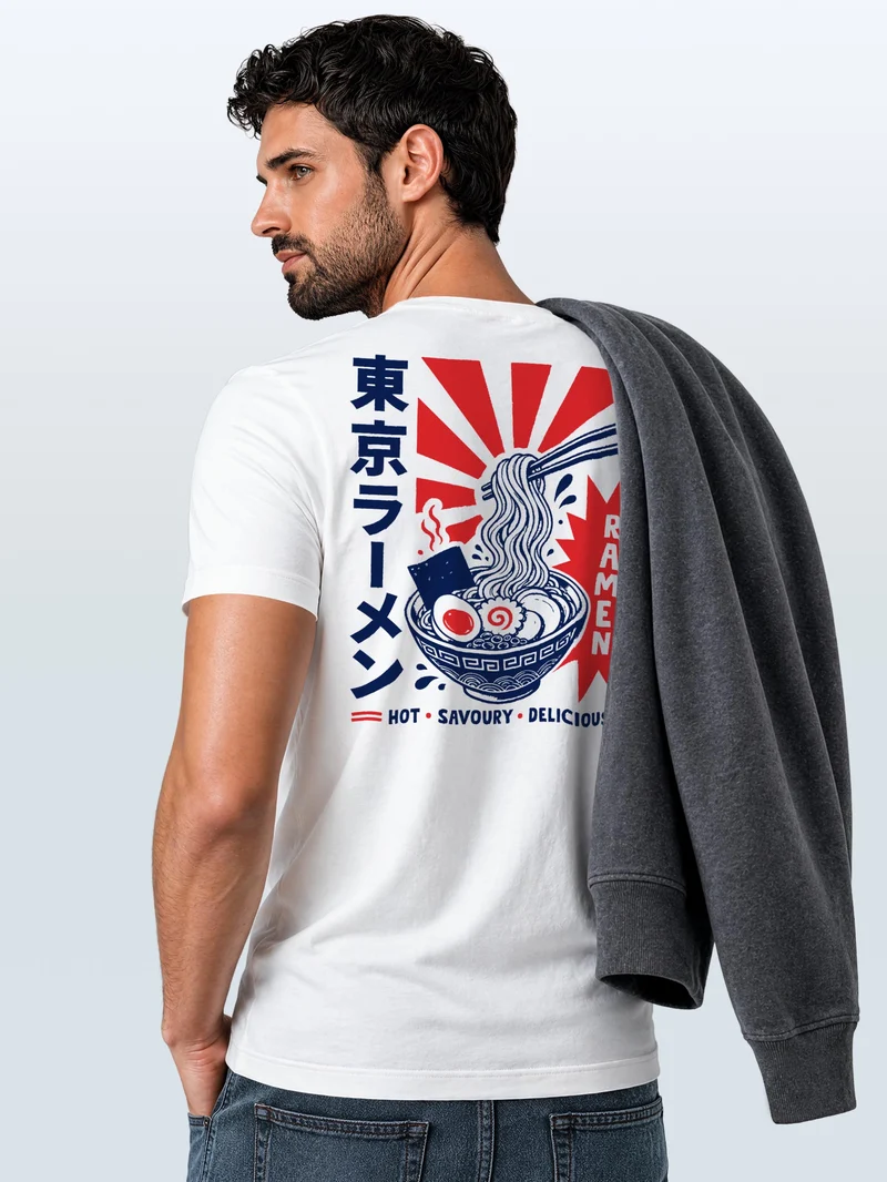 Herren T-Shirt Rückendruck - Design Asia Ramen - Baumwollshirt Männer Fashion Streetstyle Slim Fit