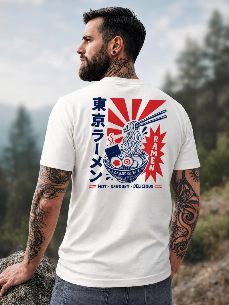 Herren T-Shirt Rückendruck - Design Asia Ramen - Baumwollshirt Männer Fashion Streetstyle Slim Fit