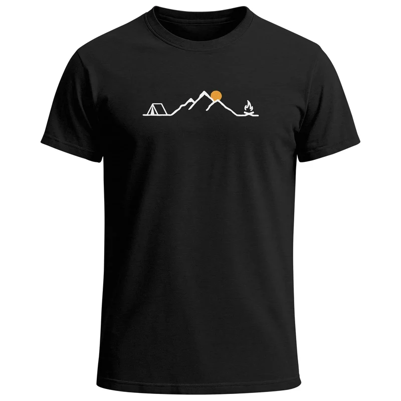 Herren T-Shirt mit Camping Print Freizeitshirt Grafik Lineart Berge Sonne Sommer Fashion Streetstyle Kurzarm Baumwolle