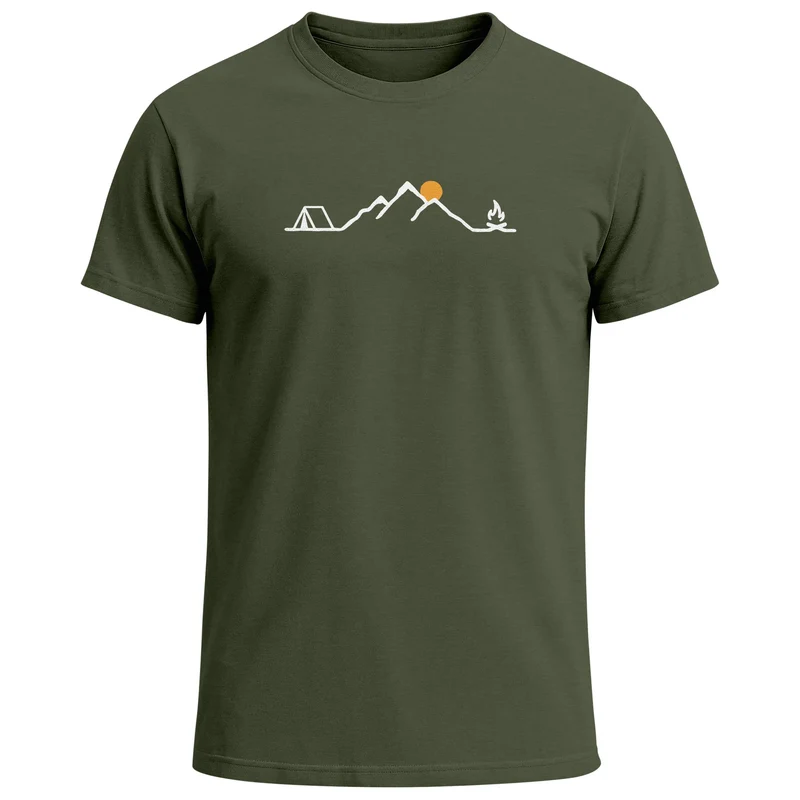 Herren T-Shirt mit Camping Print Freizeitshirt Grafik Lineart Berge Sonne Sommer Fashion Streetstyle Kurzarm Baumwolle