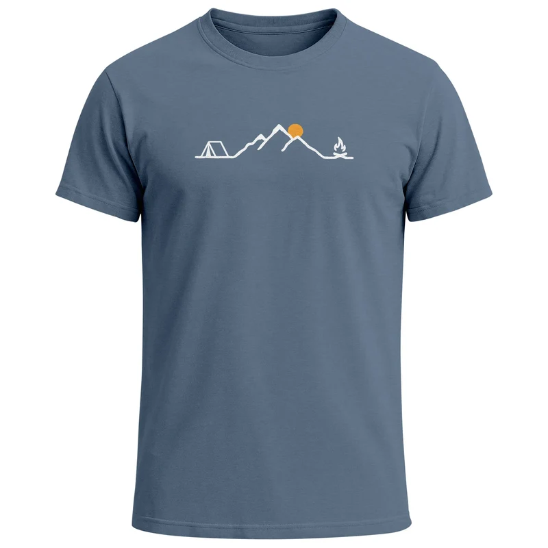 Herren T-Shirt mit Camping Print Freizeitshirt Grafik Lineart Berge Sonne Sommer Fashion Streetstyle Kurzarm Baumwolle