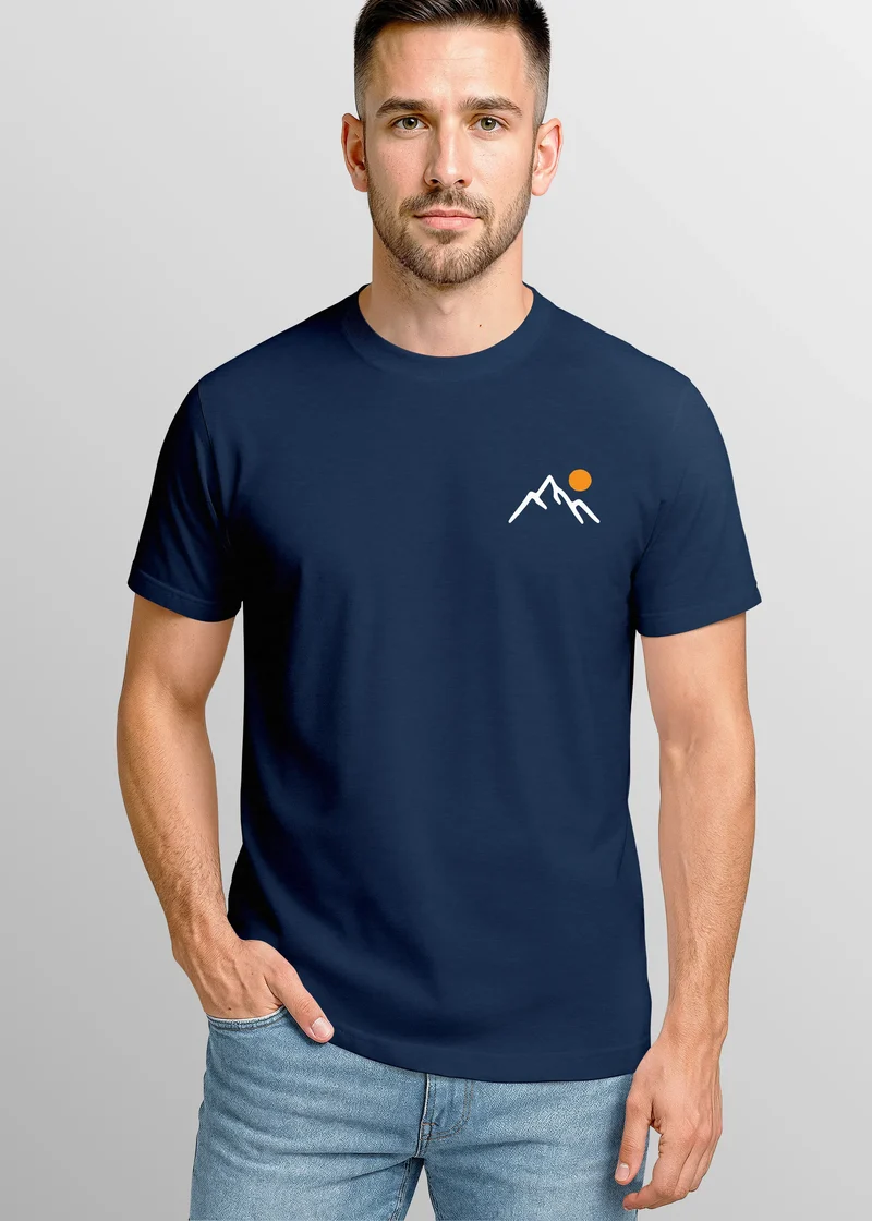 Herren T-Shirt mit Bergmotiv | Minimalistisches Outdoor Grafikshirt mit Sonnen-Print Natur Logo | Kurzarmshirt Baumwolle Fashion Streetstyle