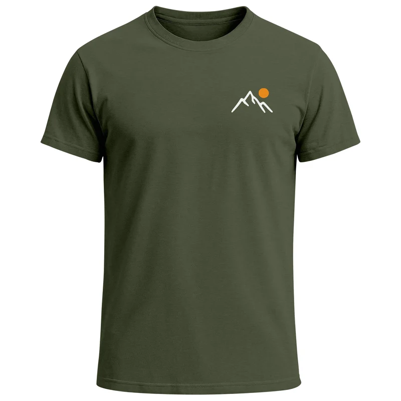 Herren T-Shirt mit Bergmotiv | Minimalistisches Outdoor Grafikshirt mit Sonnen-Print Natur Logo | Kurzarmshirt Baumwolle Fashion Streetstyle
