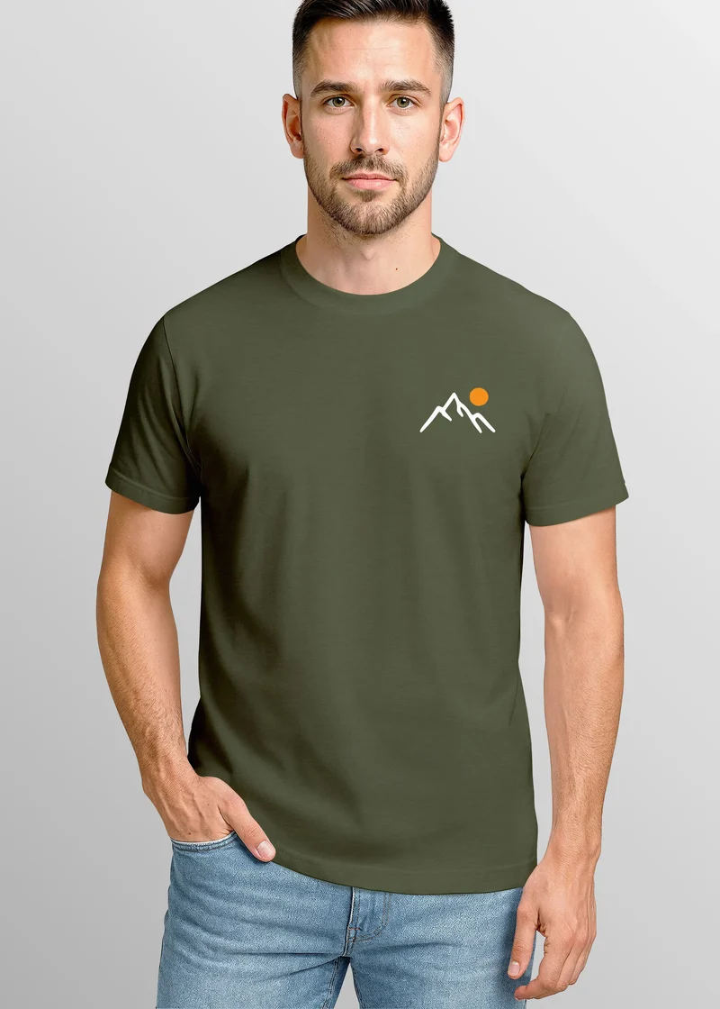 Herren T-Shirt mit Bergmotiv | Minimalistisches Outdoor Grafikshirt mit Sonnen-Print Natur Logo | Kurzarmshirt Baumwolle Fashion Streetstyle