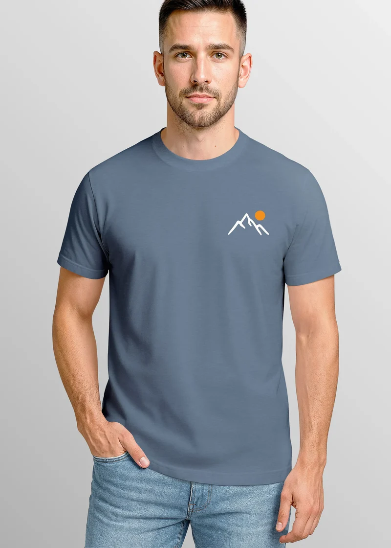 Herren T-Shirt mit Bergmotiv | Minimalistisches Outdoor Grafikshirt mit Sonnen-Print Natur Logo | Kurzarmshirt Baumwolle Fashion Streetstyle