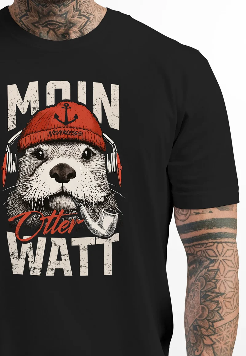 Herren T-Shirt Moin Grafik Otter Aufdruck Printshirt Norden Maritim Lustige Zitate Fashion Streetstyle