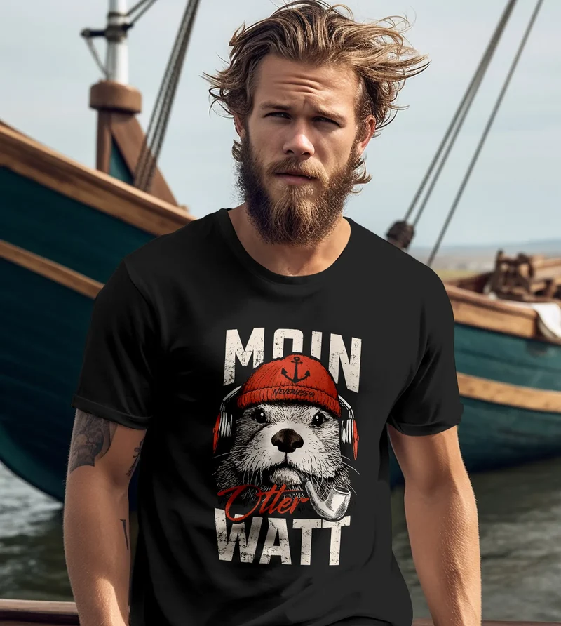 Herren T-Shirt Moin Grafik Otter Aufdruck Printshirt Norden Maritim Lustige Zitate Fashion Streetstyle