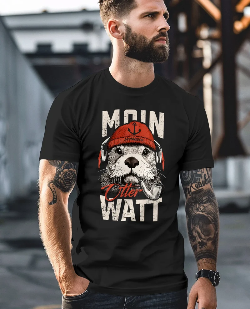 Herren T-Shirt Moin Grafik Otter Aufdruck Printshirt Norden Maritim Lustige Zitate Fashion Streetstyle