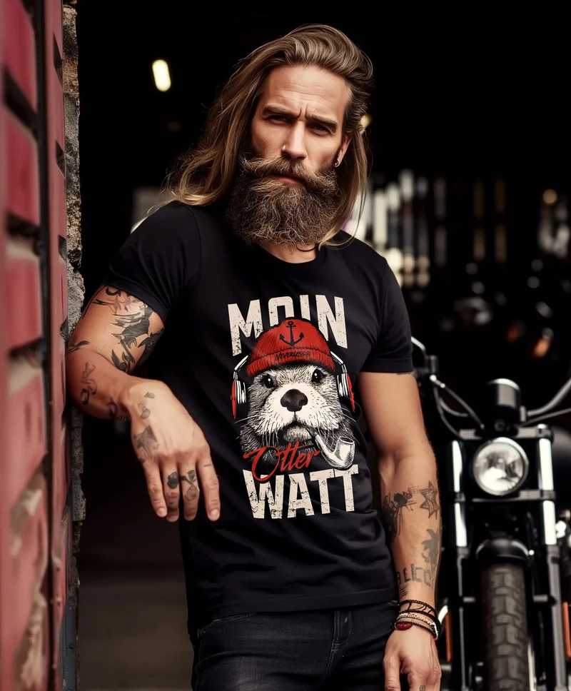 Herren T-Shirt Moin Grafik Otter Aufdruck Printshirt Norden Maritim Lustige Zitate Fashion Streetstyle