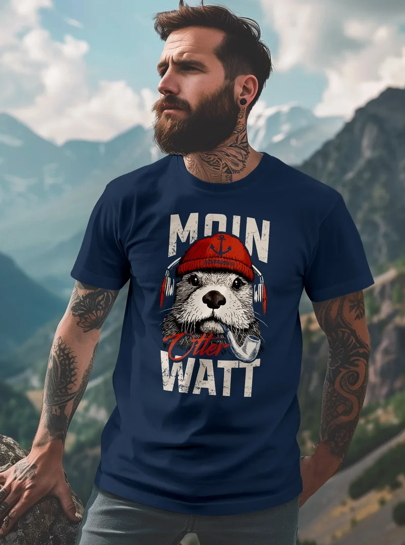 Herren T-Shirt Moin Grafik Otter Aufdruck Printshirt Norden Maritim Lustige Zitate Fashion Streetstyle