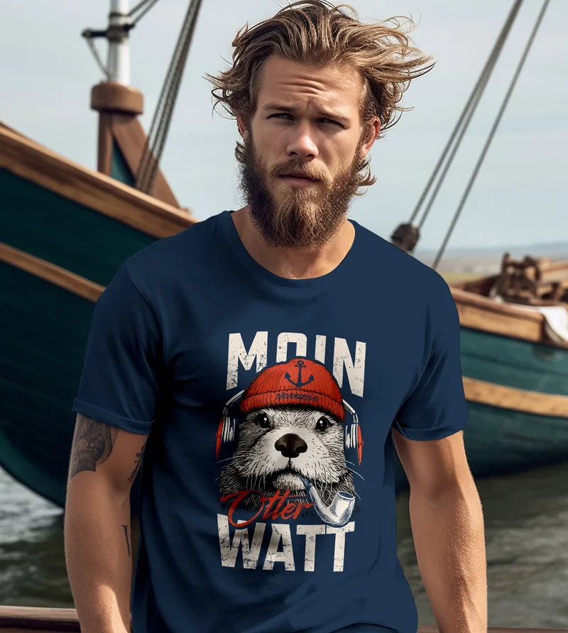Herren T-Shirt Moin Grafik Otter Aufdruck Printshirt Norden Maritim Lustige Zitate Fashion Streetstyle