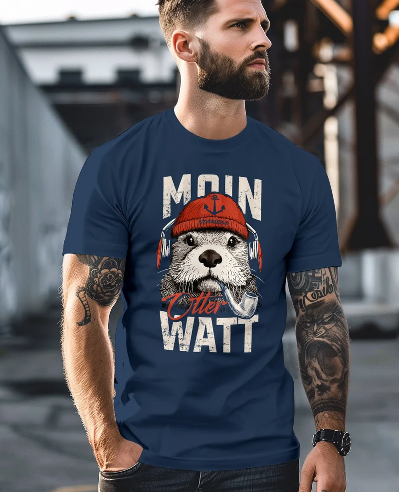 Herren T-Shirt Moin Grafik Otter Aufdruck Printshirt Norden Maritim Lustige Zitate Fashion Streetstyle