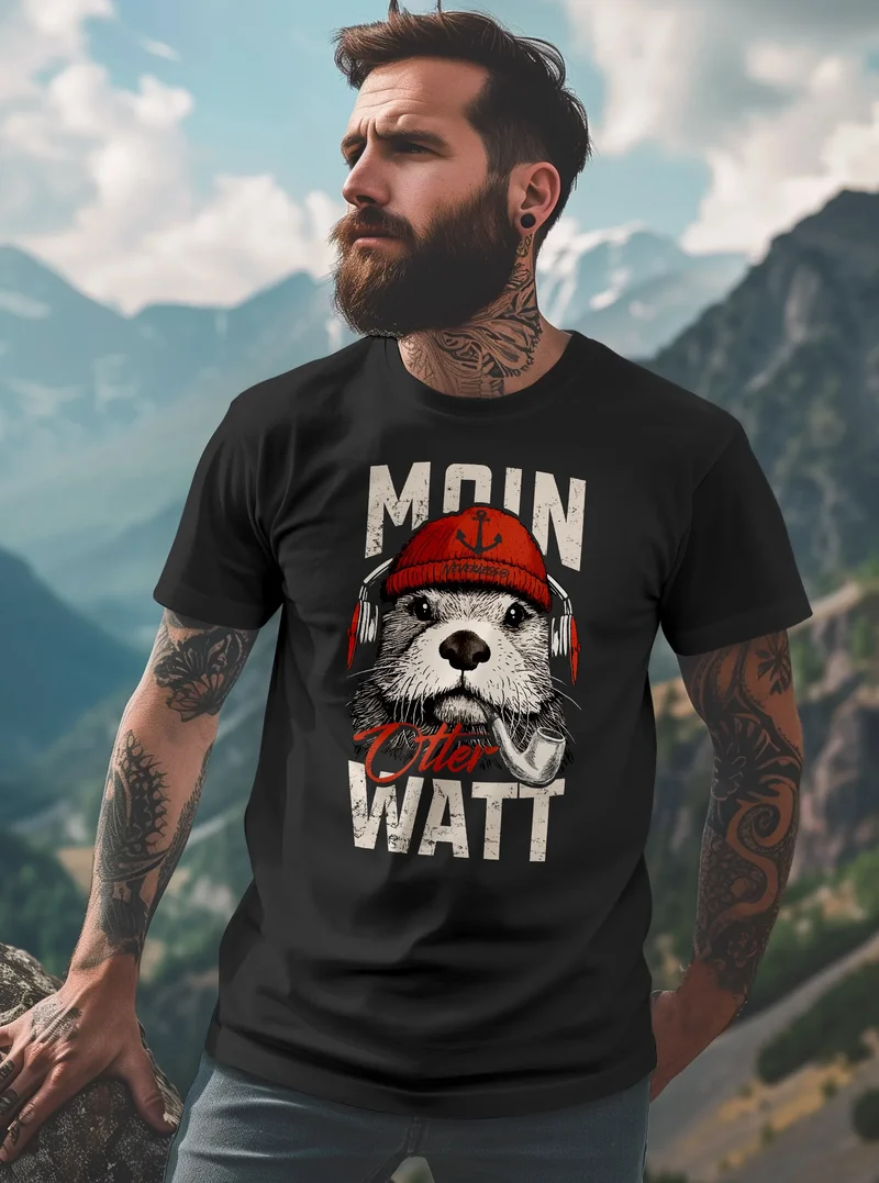 Herren T-Shirt Moin Grafik Otter Aufdruck Printshirt Norden Maritim Lustige Zitate Fashion Streetstyle