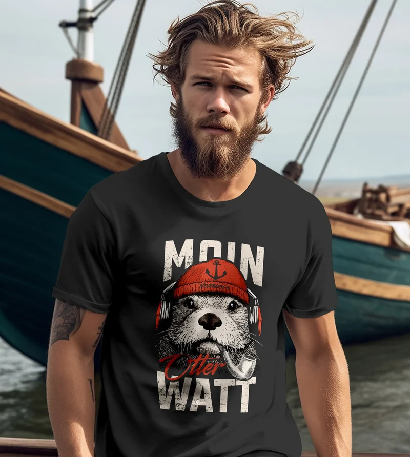 Herren T-Shirt Moin Grafik Otter Aufdruck Printshirt Norden Maritim Lustige Zitate Fashion Streetstyle
