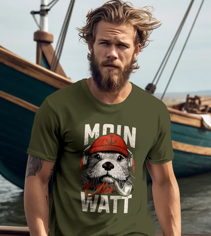 Herren T-Shirt Moin Grafik Otter Aufdruck Printshirt Norden Maritim Lustige Zitate Fashion Streetstyle