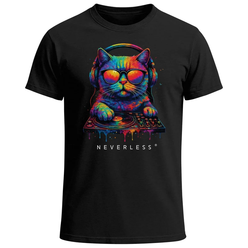 Herren T-Shirt DJ Katze Musik Print Festival EDM Shirt mit Katzenmotiv am DJ-Pult – Streetwear für Musikfans Club Sommer