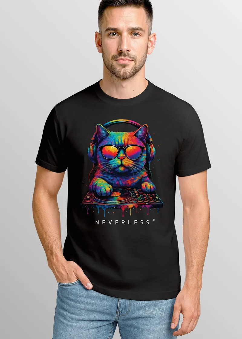 Herren T-Shirt DJ Katze Musik Print Festival EDM Shirt mit Katzenmotiv am DJ-Pult – Streetwear für Musikfans Club Sommer