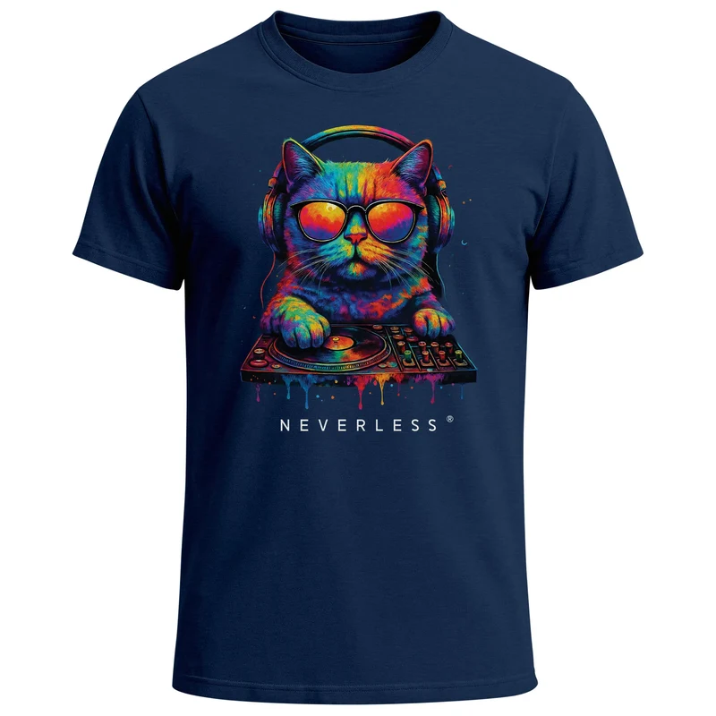Herren T-Shirt DJ Katze Musik Print Festival EDM Shirt mit Katzenmotiv am DJ-Pult – Streetwear für Musikfans Club Sommer