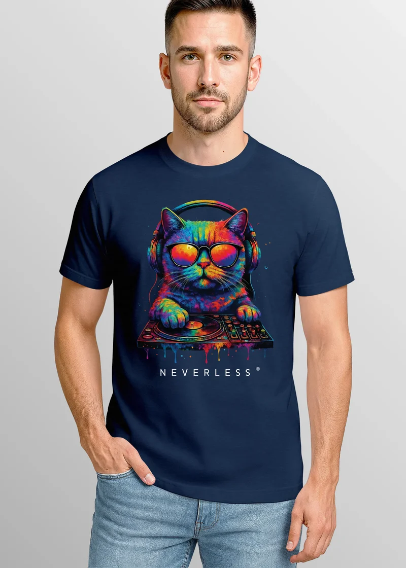 Herren T-Shirt DJ Katze Musik Print Festival EDM Shirt mit Katzenmotiv am DJ-Pult – Streetwear für Musikfans Club Sommer